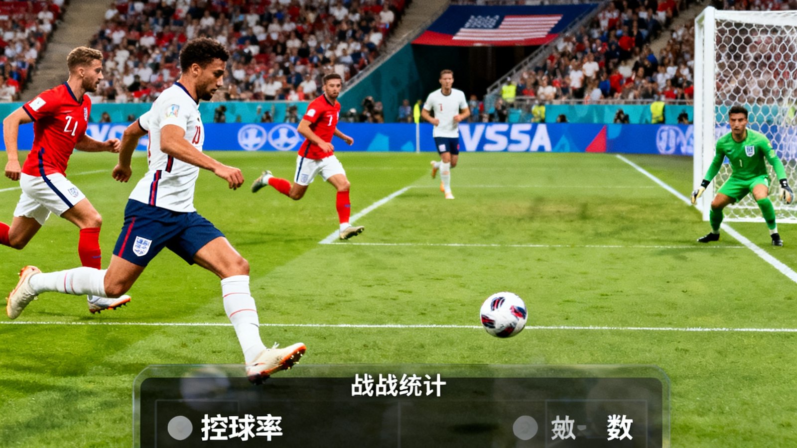 高清直播界面展示美国对阵英格兰的实时画面，下方有战术统计浮窗